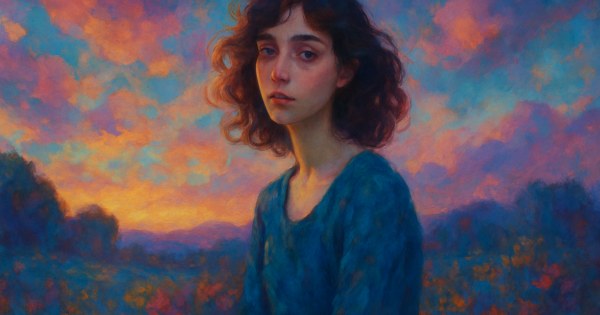 Lone artist on misty cliff at sunset symbolizing depth and expression.