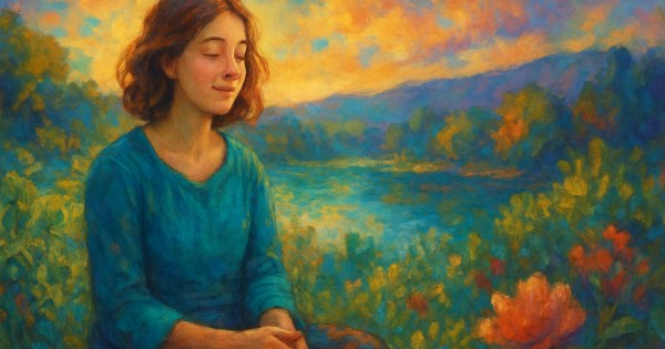 Still mountain lake at dawn symbolizing calm and harmony.