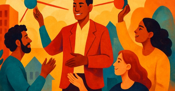 Confident person connecting groups at a lively social event