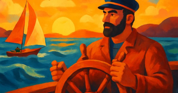 Calm figure steering a ship on still open water
