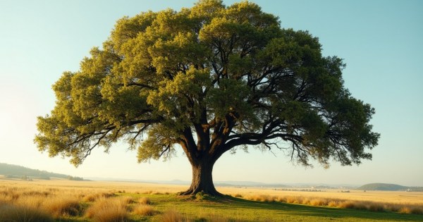 Ancient oak tree standing firm in golden afternoon light