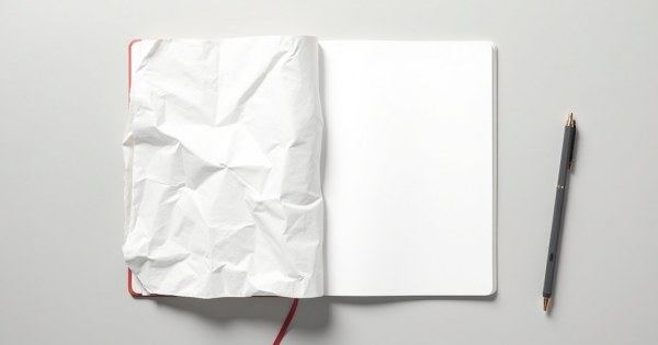 A crumpled paper plan next to a notebook open to a fresh blank page