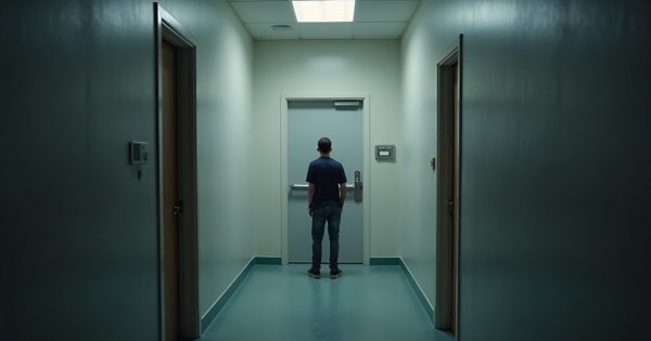 A person standing alone looking frustrated at a closed door in a hallway