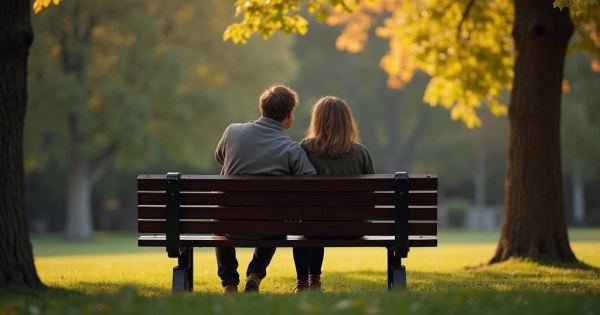 Two friends sitting close together on a park bench in quiet conversation