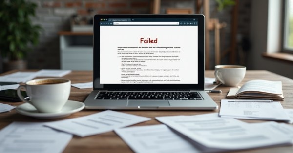 A laptop showing a failed document surrounded by scattered papers and coffee cups