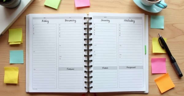 Neat weekly planner versus scattered sticky notes side by side on a desk