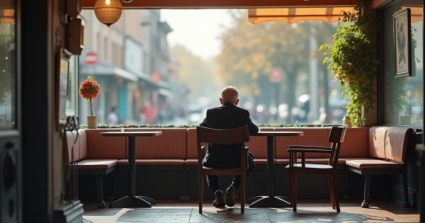 A person sitting alone at a café table with an empty chair across from them.