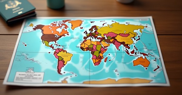 An open world map on a wooden table with a passport and plane ticket.
