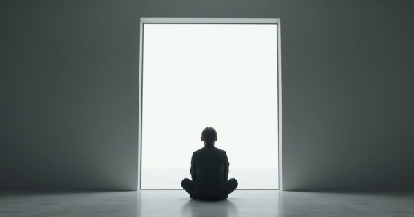A person sitting alone in a gray empty room staring out a window.
