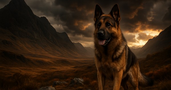 Loyal German Shepherd dog sitting outdoors in natural setting