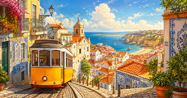 Happy couple exploring colorful Lisbon streets after emigrating to Portugal