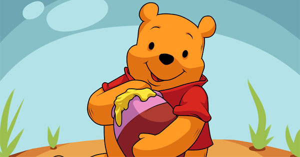 Smiling Winnie the Pooh holding honey pot in Hundred Acre Wood