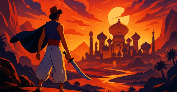 Aladdin standing confidently in his iconic purple vest and red fez