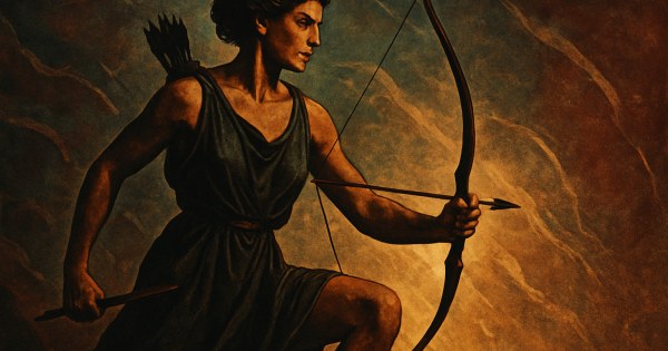 Woman archer in moonlit forest embodying Artemis Greek goddess