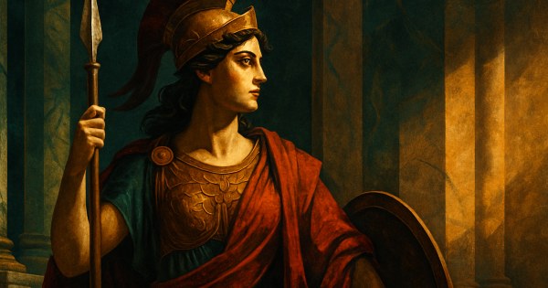 Person embodying Athena Greek goddess of wisdom and strategy