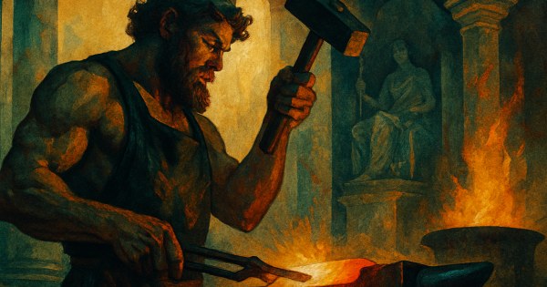 Person embodying Hephaestus Greek god of fire and the forge