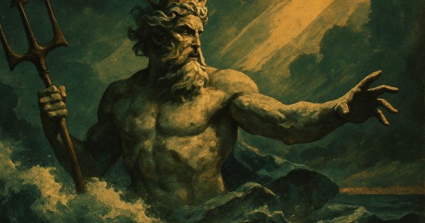 Person embodying Poseidon Greek god of the sea with trident