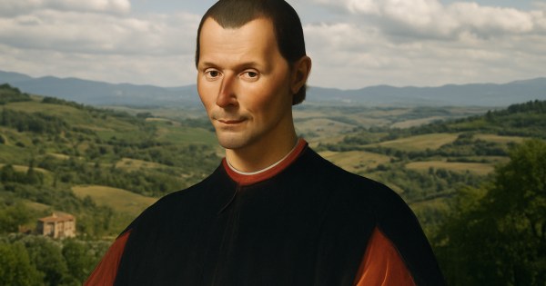 Person embodying Machiavellian traits beside Renaissance-era political strategy books