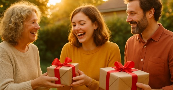 Small wrapped gift with flower on sunny windowsill