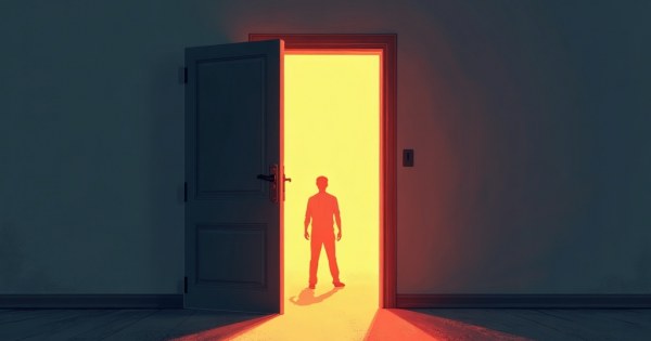 A partially open door with warm light inside and a shadowed figure outside.