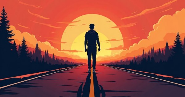 A person standing at a fork in the road at dusk, looking torn.