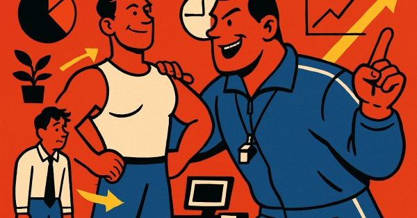 Confident coach manager mentoring team members toward success and growth