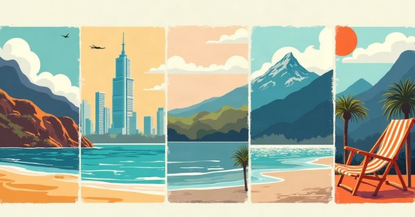 Collage of different vacation options: beach, city, mountains, museum.