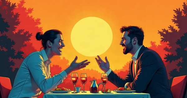 Two people gesturing and debating animatedly at a dinner party.