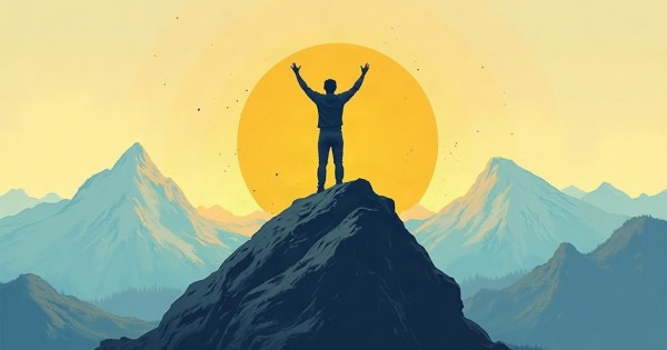 Person raising arms in triumph at the top of a mountain.