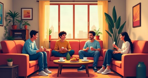 Cozy living room with snacks, friends gathered around a table.
