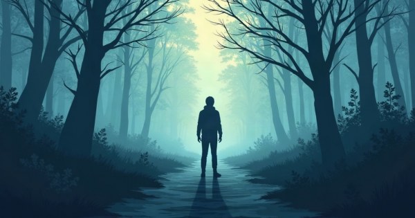 Person standing at a crossroads path in a foggy forest.