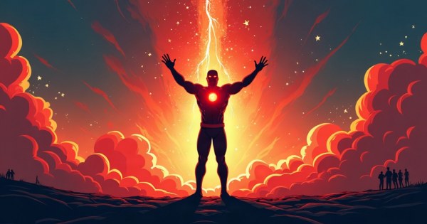 Dramatic comic-style illustration of a glowing superhero figure silhouette.