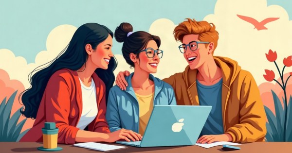 Friends crowded around a laptop planning a trip together excitedly.