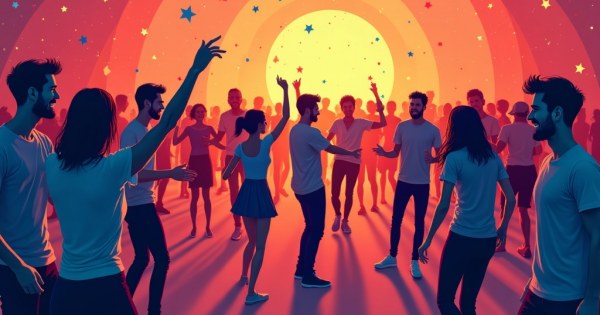 Lively party scene with people dancing, laughing, and mingling inside.