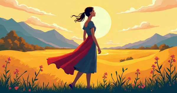 Spirited young woman walking through windswept English countryside