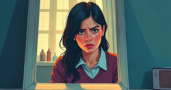 A person staring at a mirror with a conflicted expression in a quiet room.