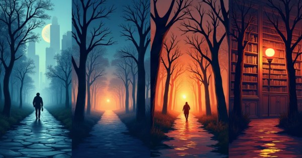 Four distinct environments: foggy city street, open wilderness, candlelit library, grand ballroom.