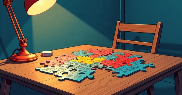 A complex jigsaw puzzle half-finished on a wooden table under a bright lamp.