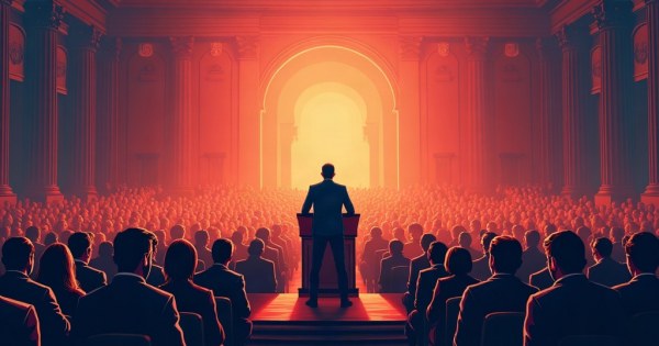 A lone person standing at a podium facing a crowd of skeptical onlookers in a grand hall.