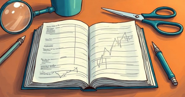 A rulebook open on a table next to a pair of scissors and a magnifying glass.