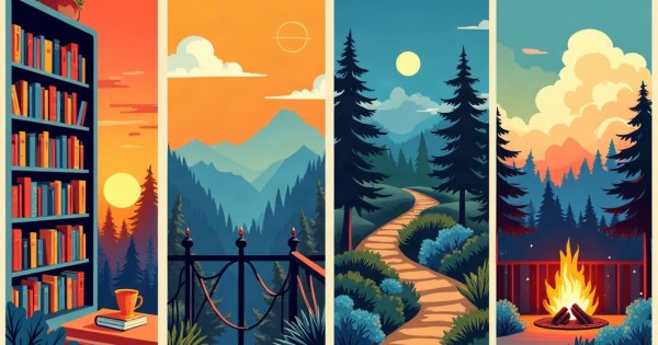 A collage of four weekend vibes: library, rooftop party, hiking trail, and cozy fireplace.