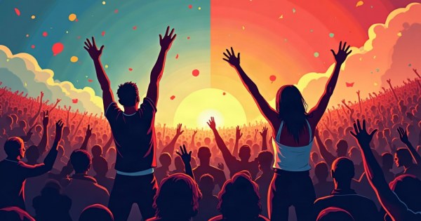 Two contrasting images: a crowd cheering in adoration and a crowd standing back in awe.