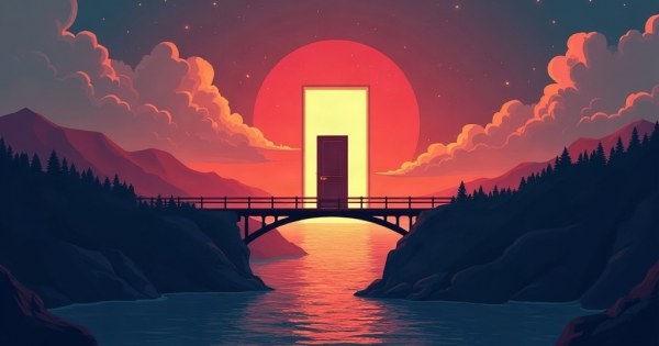A glowing door of opportunity standing on a cracked and tilting bridge over dark water.