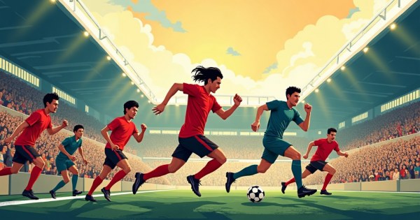 Tense football match last minutes, players sprinting, crowd on edge.