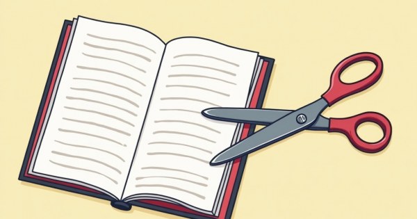 A rulebook lying open next to a pair of scissors about to cut through it.