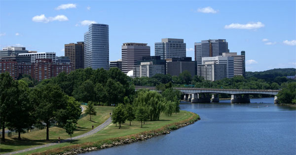 Aerial view of Arlington Virginia cityscape with modern buildings and skyline