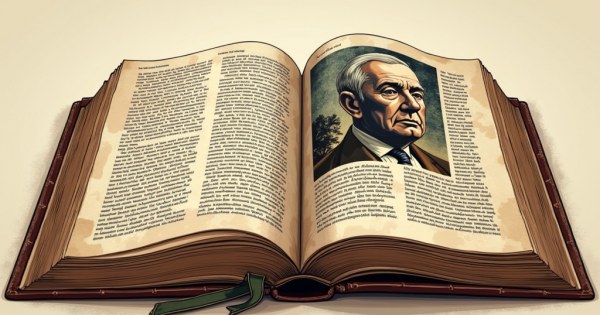 Old history textbook open with dramatic portrait illustration inside