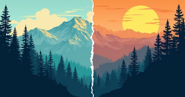 Split image forest mountain terrain versus city skyline boardroom