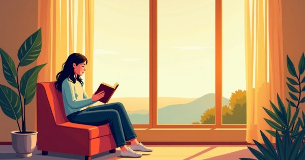Person relaxing alone with book near window afternoon light
