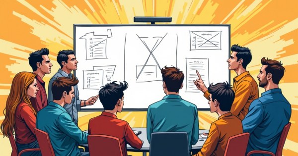 Stressed team around a chaotic whiteboard office meeting